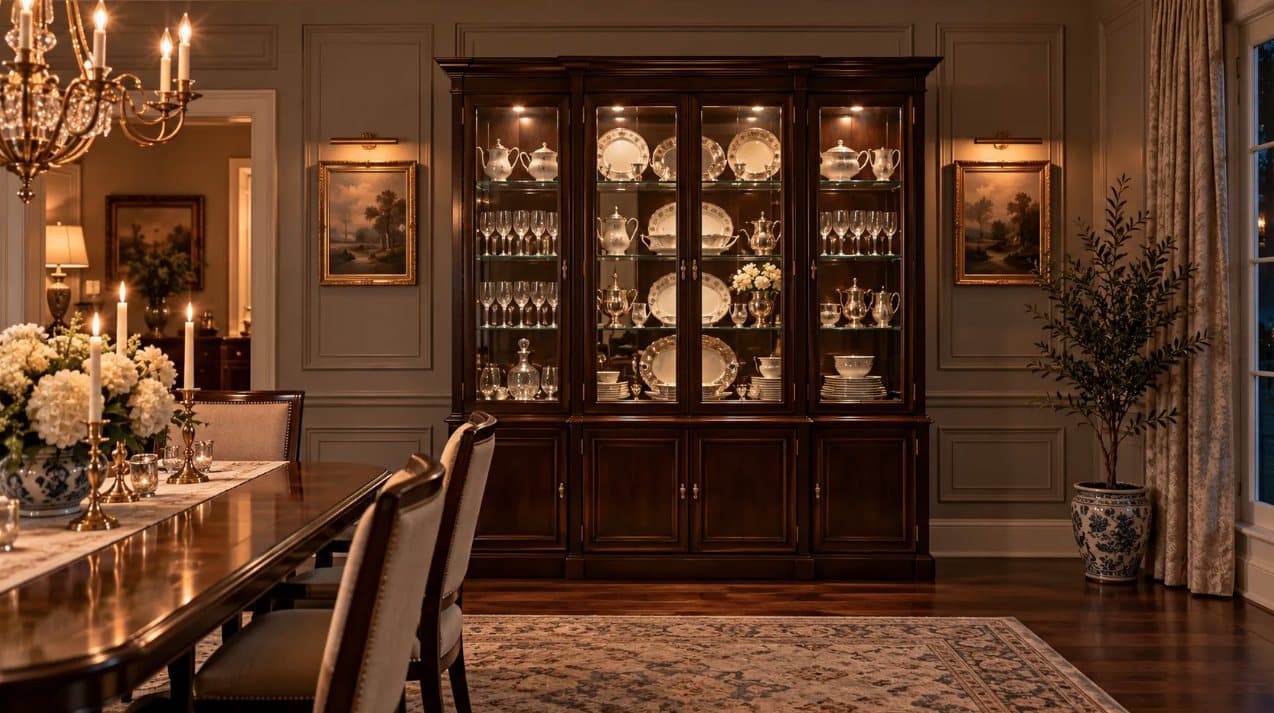 Traditional dining room with a lit china cabinet full of dishes, silver and crystal