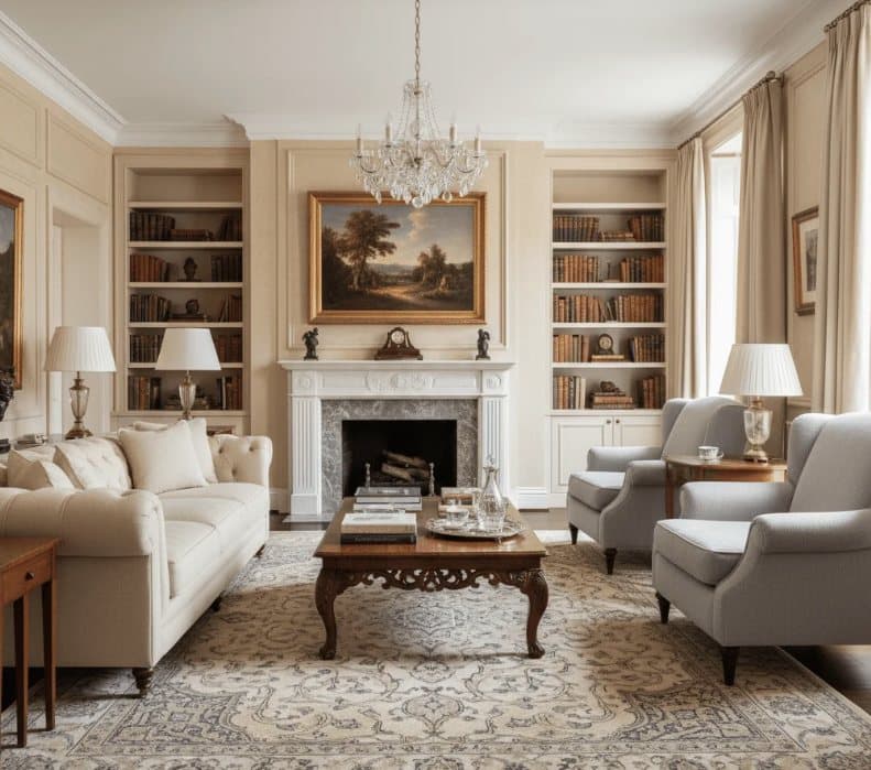 Traditional living room with antique furniture, bookshelves and a fireplace